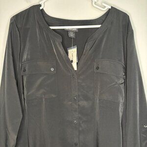 LANE BRYANT NEW Button Up Blouse Womens 22/24 Roll Tab Sleeve Black V-Neck